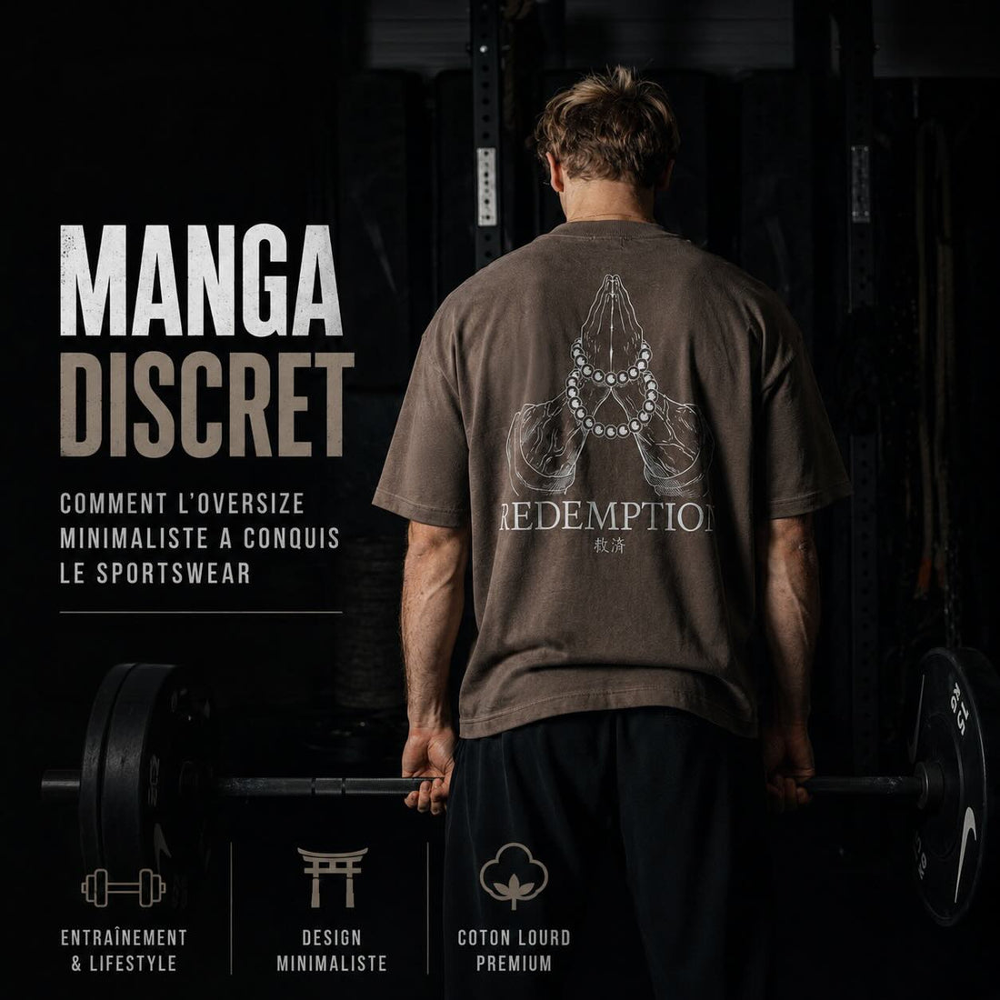 T-shirt oversize manga marron TOSHI au design minimaliste inspiré de l'anime Demon Slayer, porté de dos dans une salle de sport pour un look streetwear et fitness moderne