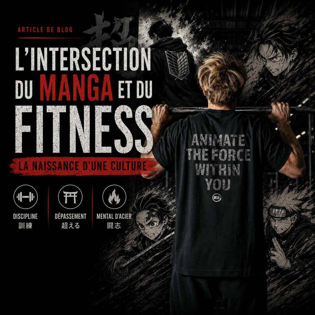 Homme faisant une traction, portant un t-shirt oversize inspiré des mangas et des animes, avec en arrière-plan des personnages de manga dans un univers fitness.