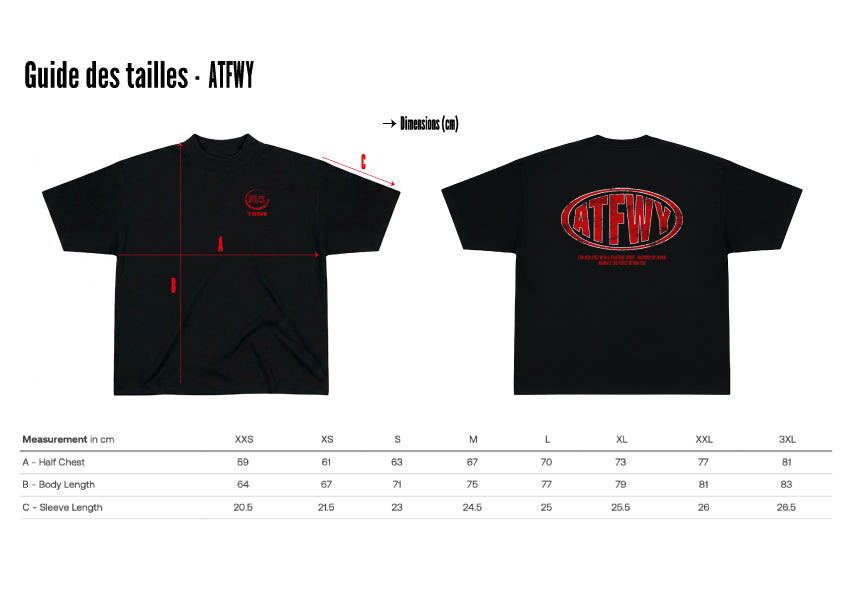 Tableau du guide des tailles d’un t-shirt oversize de couleur noir inspiré des animes et de la culture japonaise.
