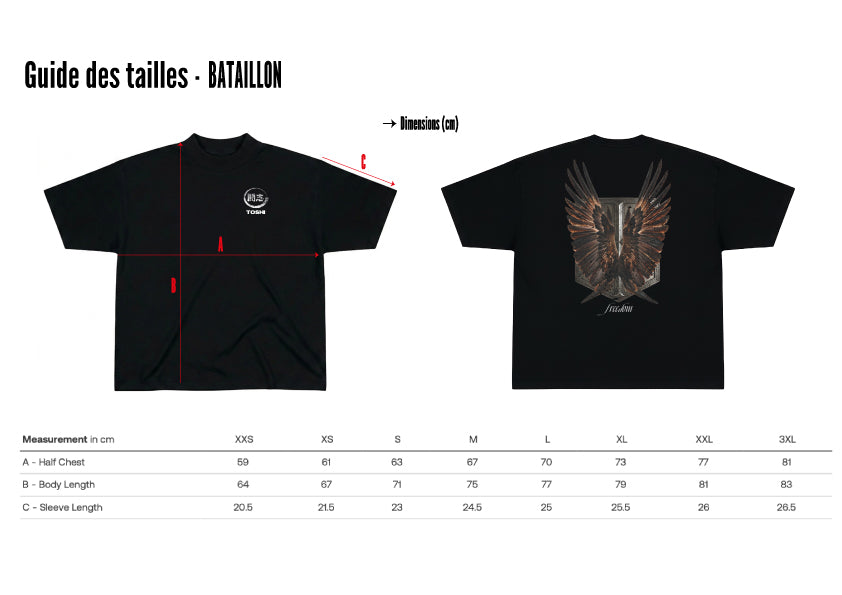 Tableau du guide des tailles d’un t-shirt oversize couleur noire inspiré de l’anime L'Attaque des Titans.