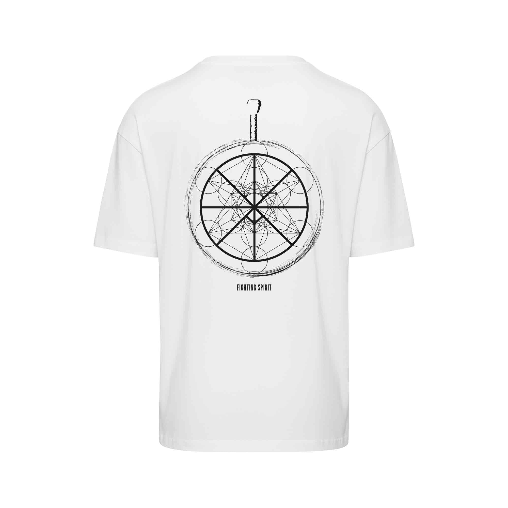 T-shirt oversize blanc TOSHI “Black Warrior” pour homme, inspiré de l’univers de Berserk, style manga japonais et streetwear sportif.