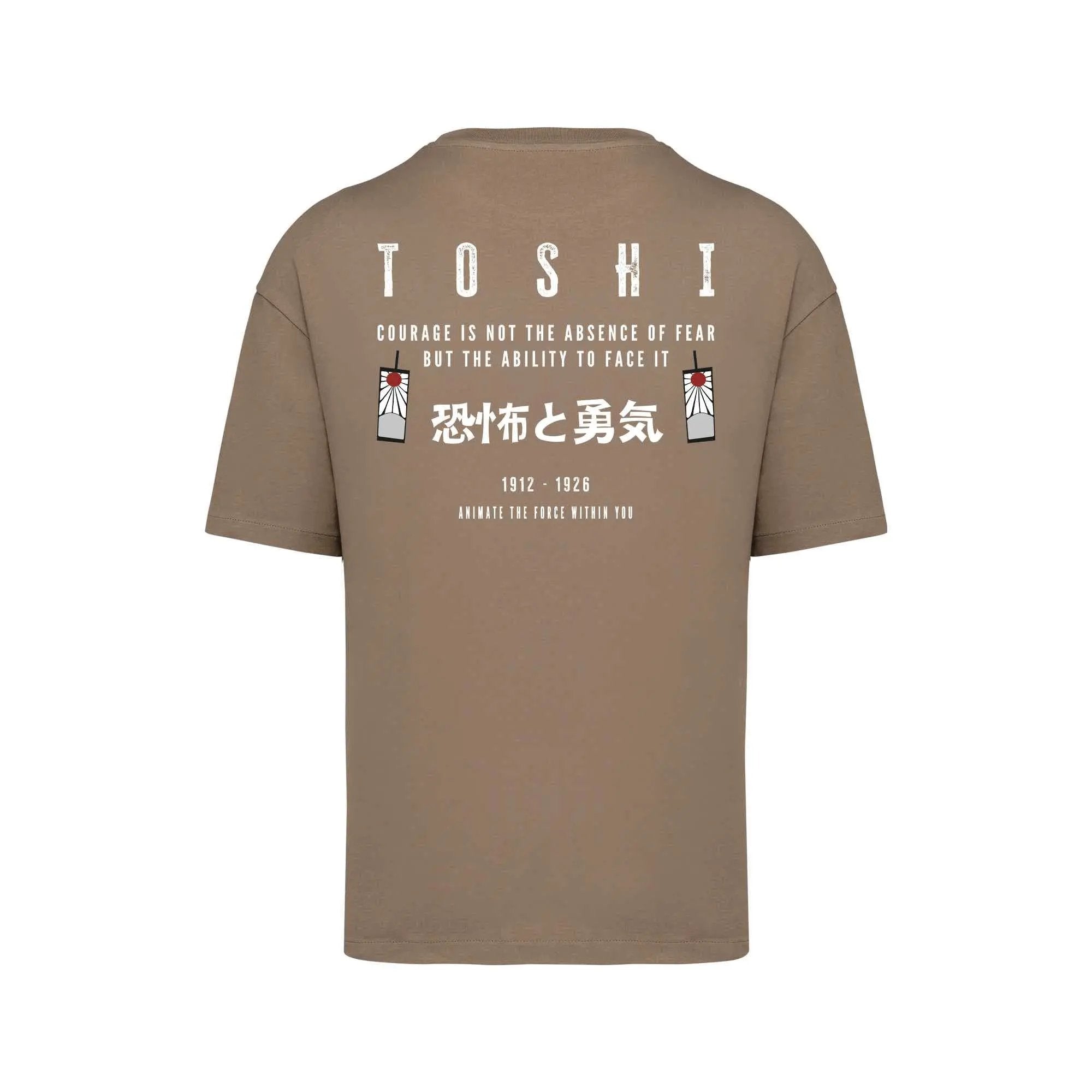 T-shirt oversize driftwood TOSHI “Fear and Courage” pour homme, inspiré de l’univers de Demon Slayer, style manga japonais et streetwear sportif.