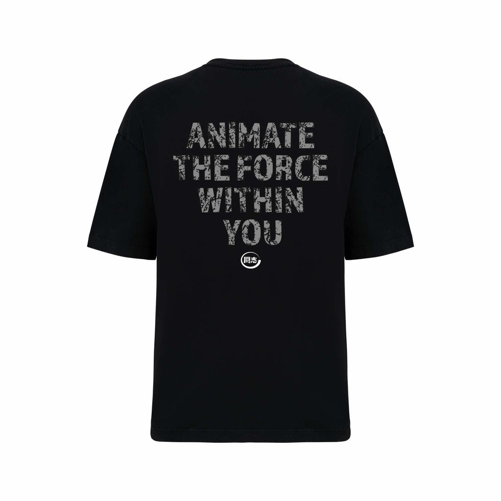 T-shirt oversize noir TOSHI “Fighting Spirit” pour homme, inspiré de l’univers des mangas et animes, style japonais et streetwear sportif.