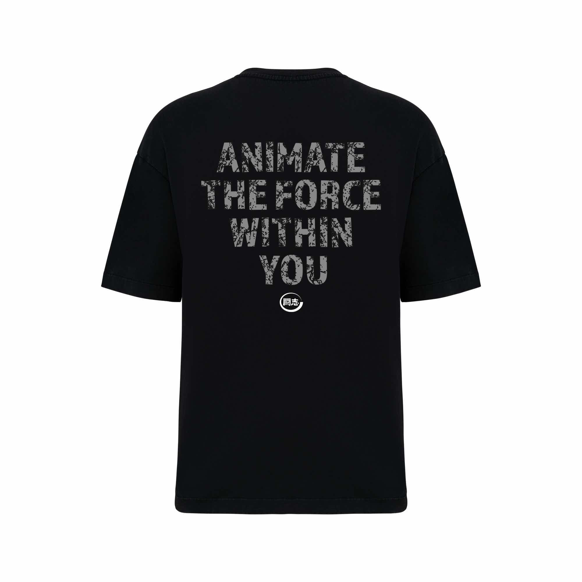 T-shirt oversize noir TOSHI “Fighting Spirit” pour homme, inspiré de l’univers des mangas et animes, style japonais et streetwear sportif.