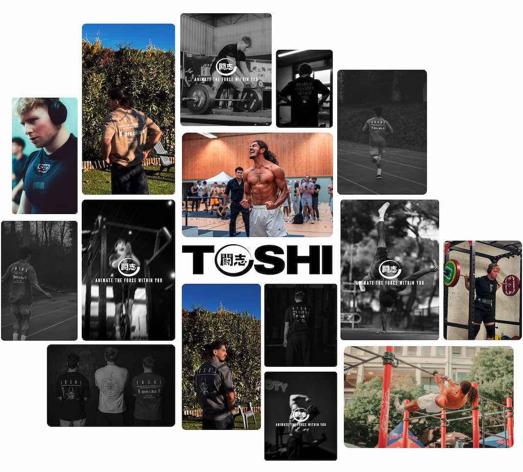 Compilation de photos d'athlètes TOSHI portant des t-shirts oversize anime et manga.