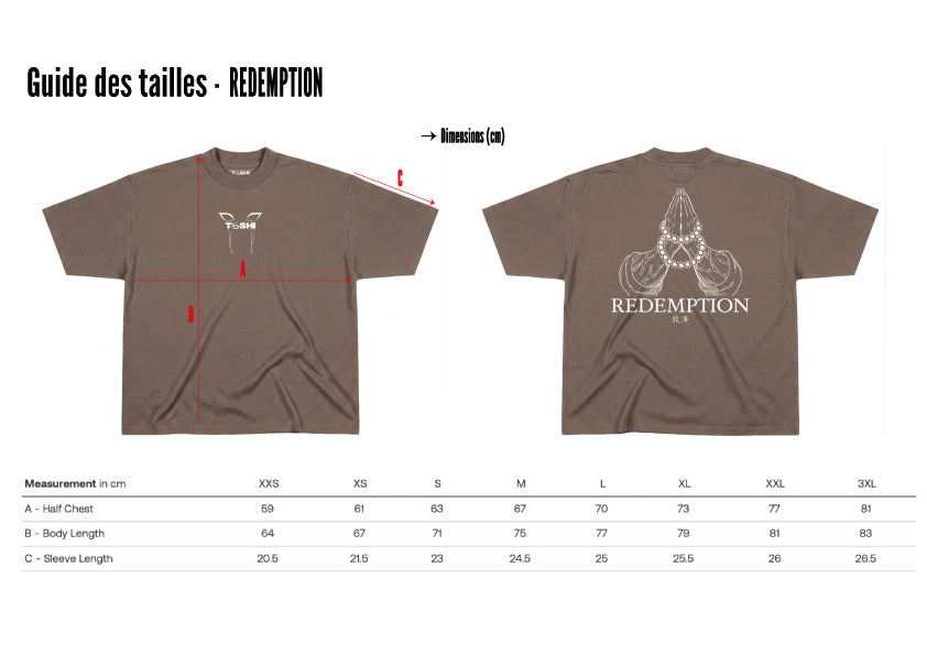 Tableau du guide des tailles d’un t-shirt oversize de couleur mocha inspiré de l’anime Demon Slayer. 