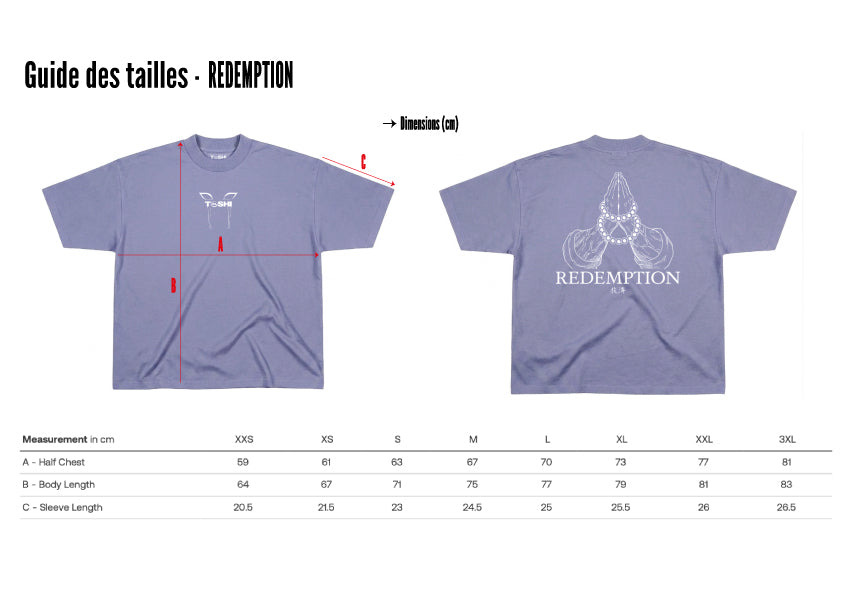 Tableau du guide des tailles d’un t-shirt oversize de couleur violet inspiré de l’anime Demon Slayer. 
