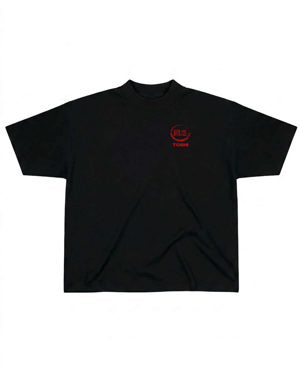 T-shirt oversize de couleur noire présenté à plat de face, avec un logo japonais de la marque TOSHI inspiré des mangas et animes.