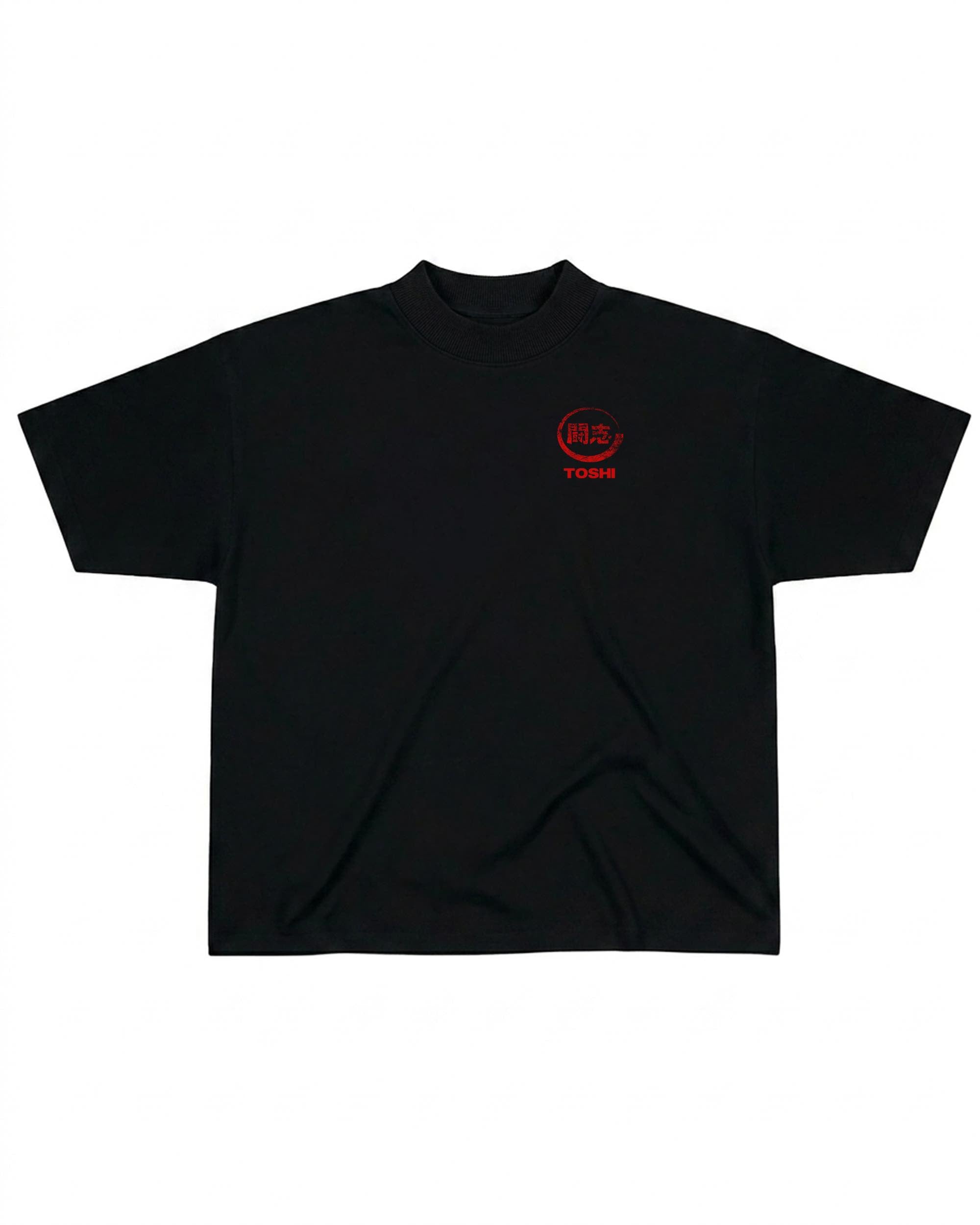 T-shirt oversize de couleur noire présenté à plat de face, avec un logo japonais de la marque TOSHI inspiré des mangas et animes.
