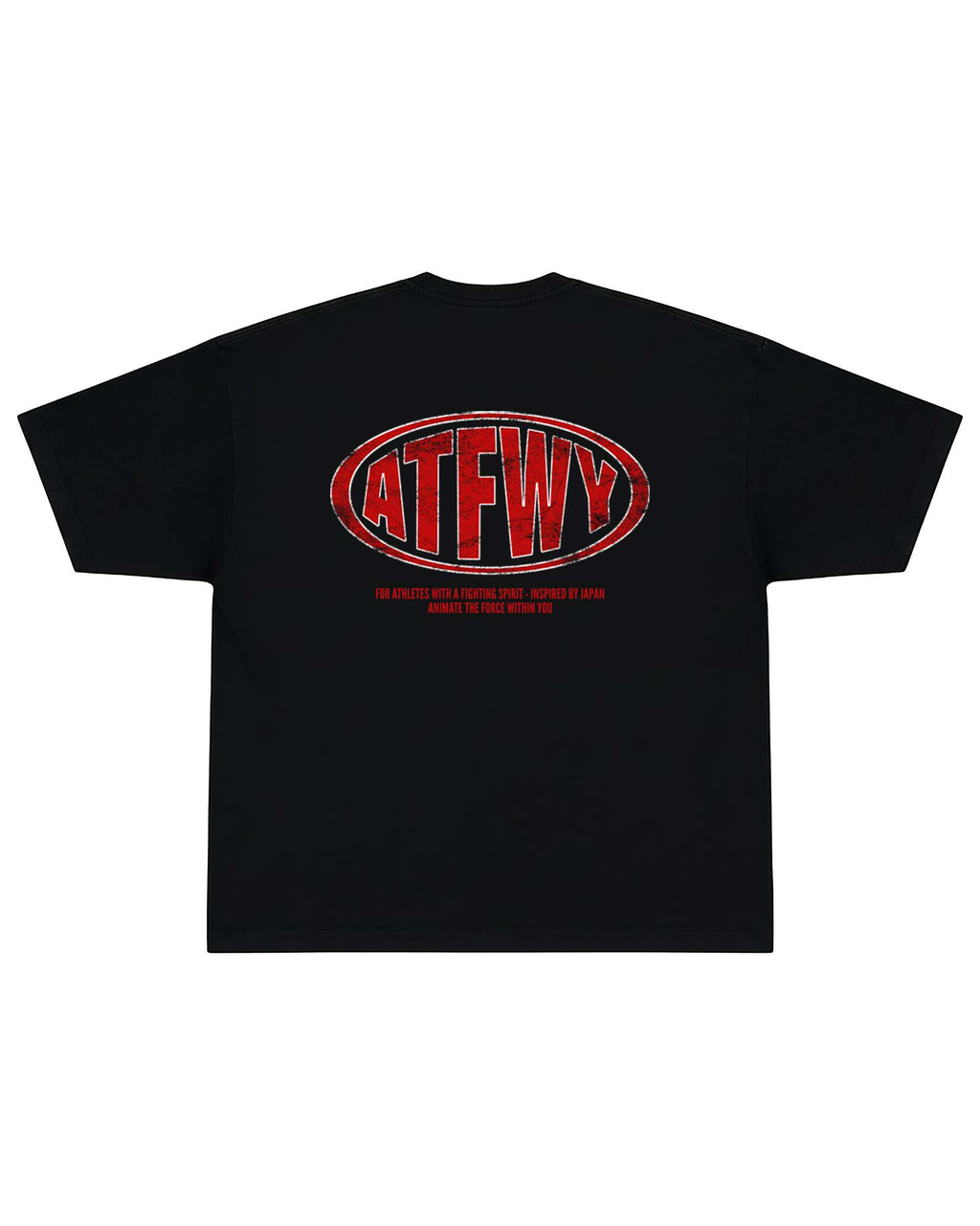 T-shirt oversize de couleur noire présenté à plat de dos, avec un visuel des lettres ATFWY en rouge, destiné aux athlètes et inspiré de la culture japonaise.