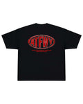 T-shirt oversize de couleur noire présenté à plat de dos, avec un visuel des lettres ATFWY en rouge, destiné aux athlètes et inspiré de la culture japonaise.