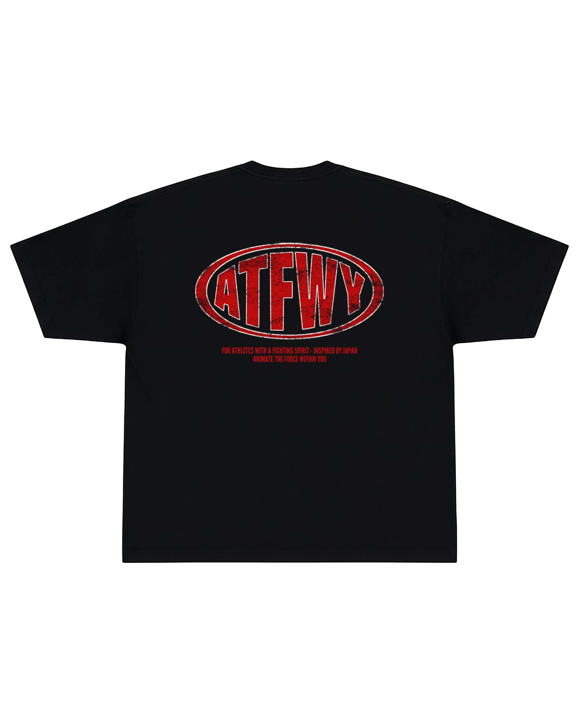 T-shirt oversize de couleur noire présenté à plat de dos, avec un visuel des lettres ATFWY en rouge, destiné aux athlètes et inspiré de la culture japonaise.