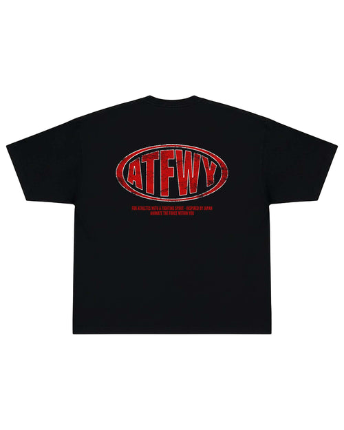 T-shirt oversize de couleur noire présenté à plat de dos, avec un visuel des lettres ATFWY en rouge, destiné aux athlètes et inspiré de la culture japonaise.
