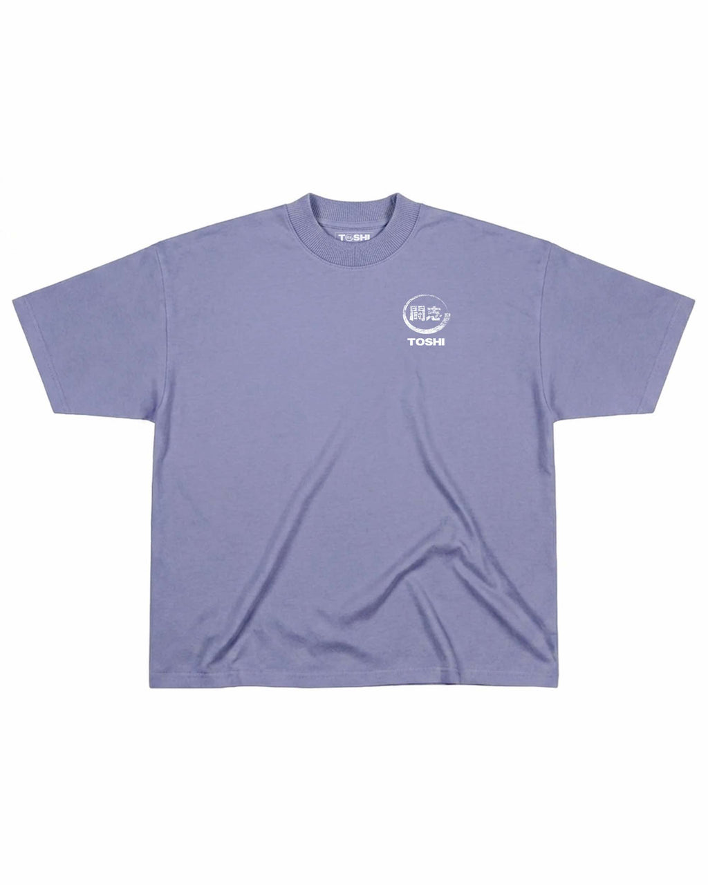 T-shirt oversize de couleur violette présenté à plat de face, avec un logo japonais de la marque TOSHI inspiré des mangas et animes.