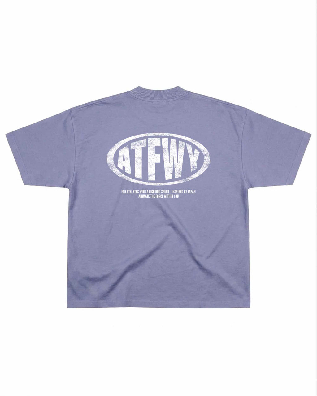 T-shirt oversize de couleur violette présenté à plat de dos, avec un visuel des lettres ATFWY en rouge, destiné aux athlètes et inspiré de la culture japonaise.