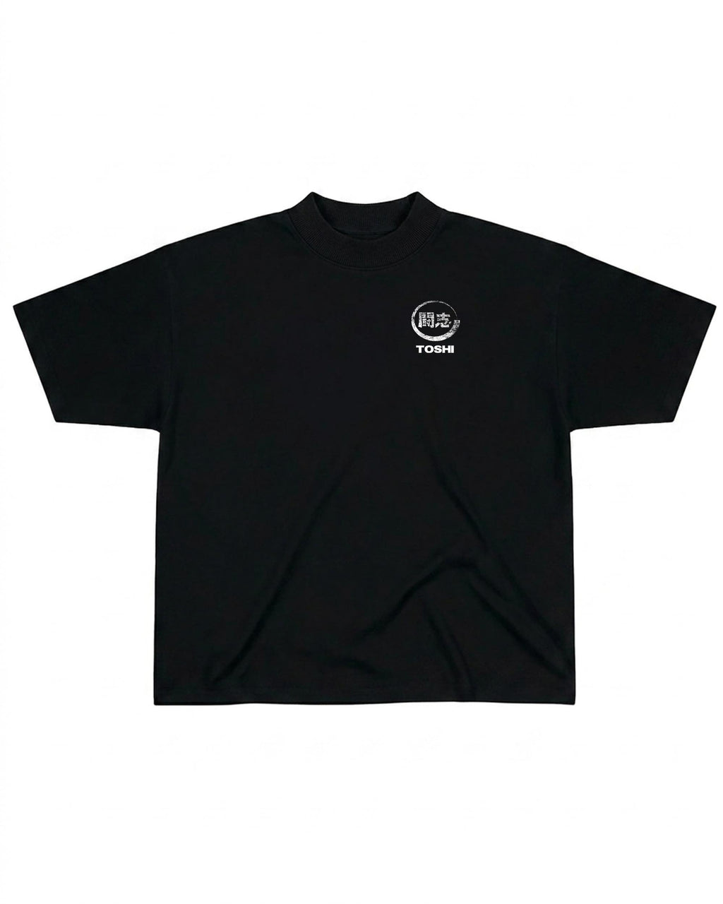 T-shirt oversize de couleur noire présenté à plat de face, avec un logo japonais de la marque TOSHI inspiré des mangas et animes.