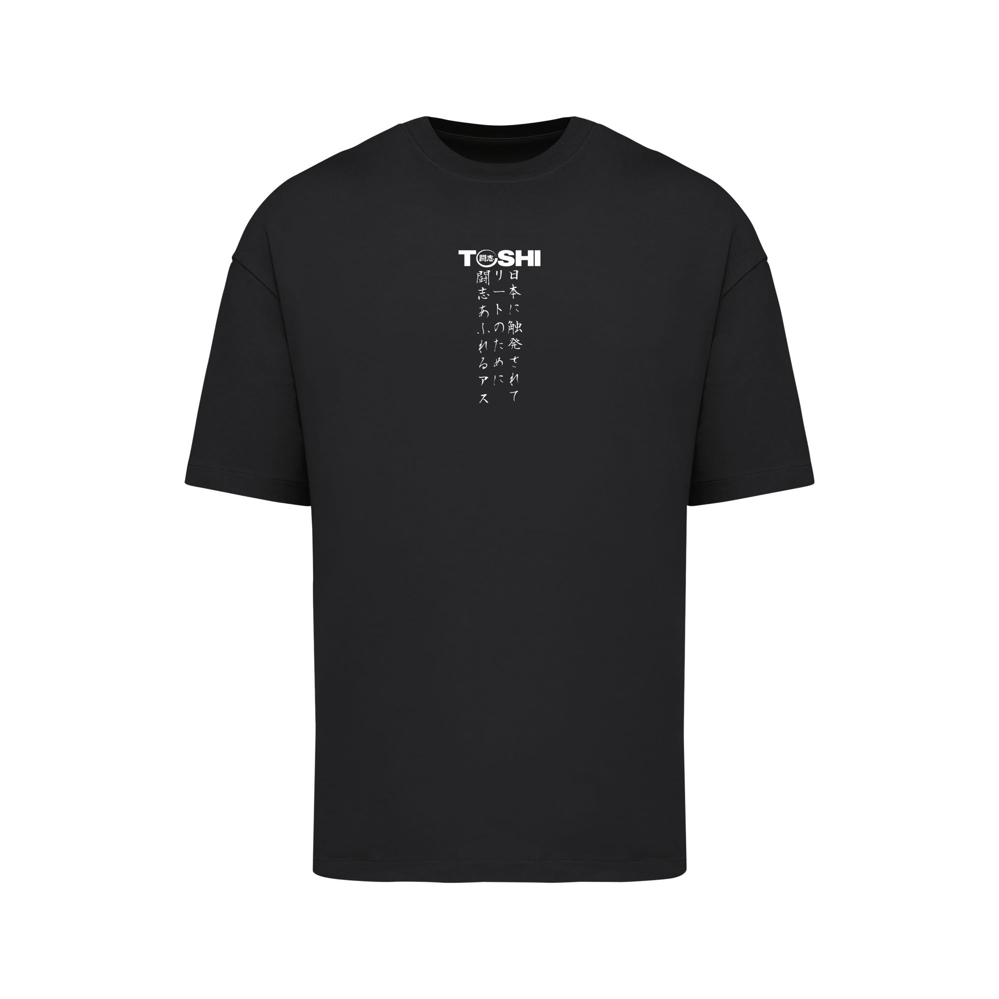 T-shirt oversize noir TOSHI “Mantra” pour homme, inspiré des mangas et animes japonais, style streetwear premium avec broderie et étiquette tissée.