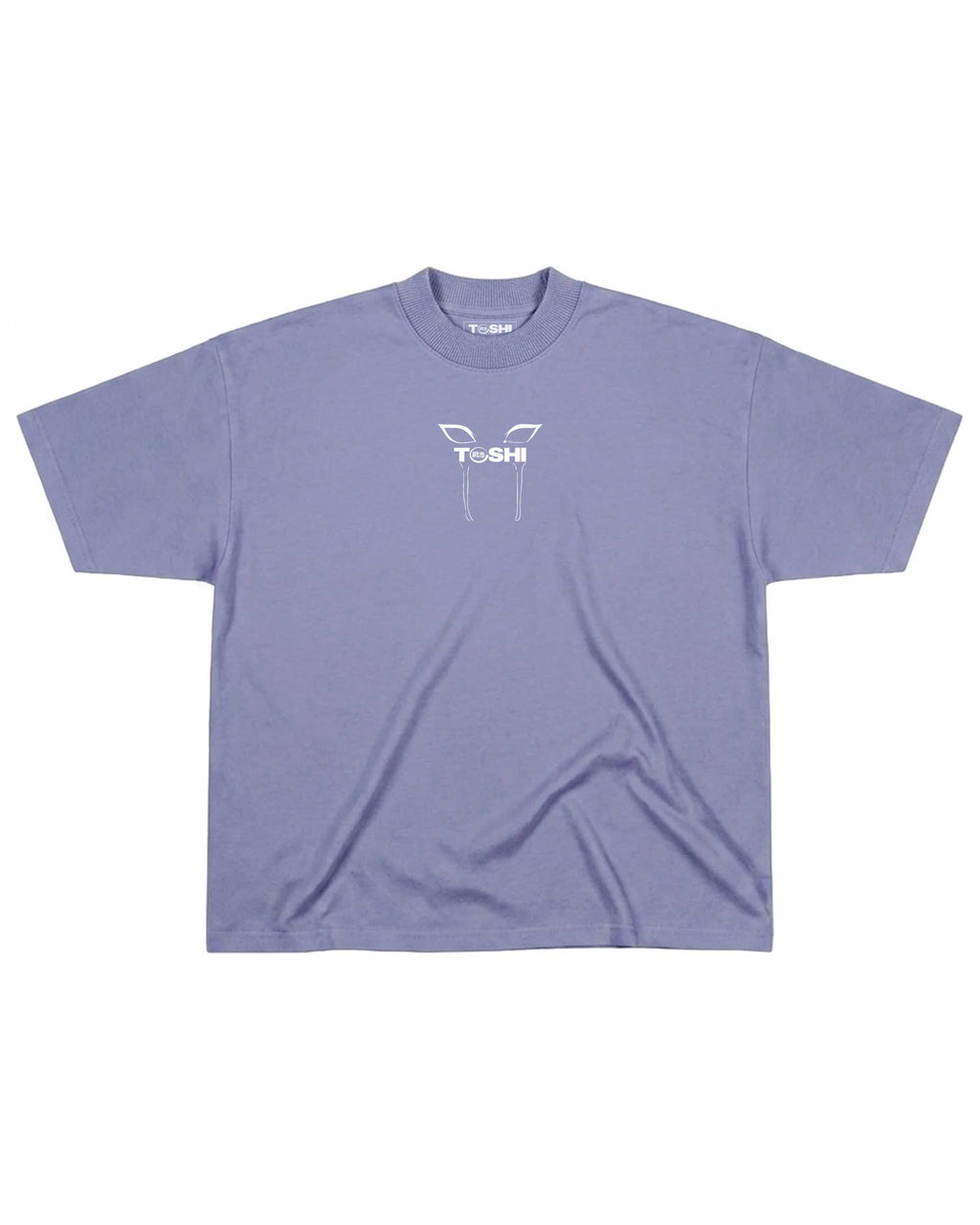 T-shirt oversize de couleur violette présenté à plat de face, avec un logo japonais de la marque TOSHI inspiré de l'anime demon slayer.