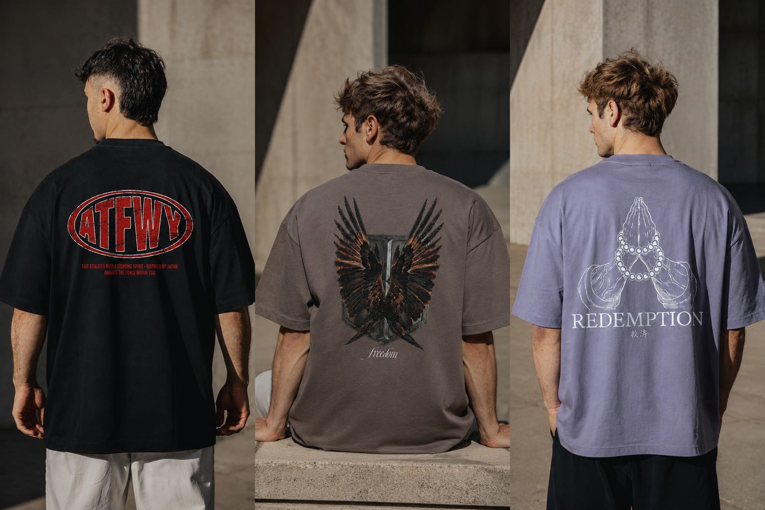 Trois hommes de dos, dans un décor extérieur de style streetwear, portant des t-shirts oversize inspirés des animes Demon Slayer et L'Attaque des Titans.