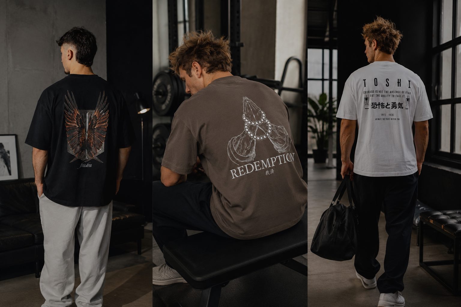 Trois hommes de dos, dans un décor intérieur de salle de sport, portant des t-shirts oversize inspirés des animes Demon Slayer et L'Attaque des Titans.